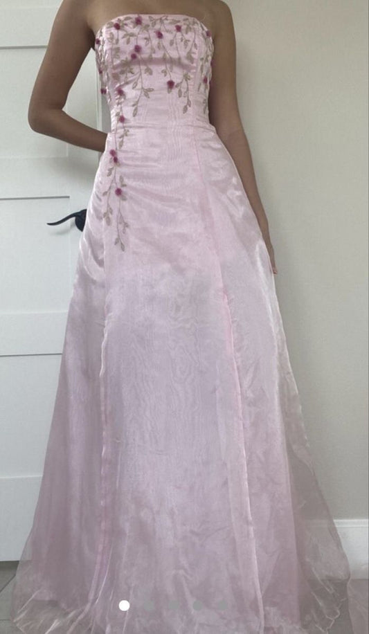 Vintage A Line Strapless Pink Long Prom Dresses Party Evening Dress P2457