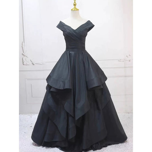 Pretty Ball Gown Off The Shoulder Black Satin Prom Dresses Evening Dress P2460