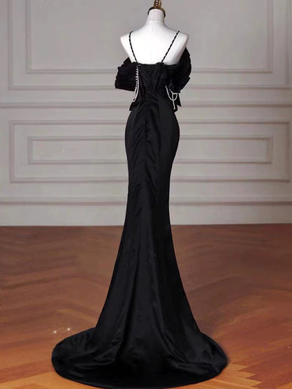 Sexy Meerjungfrau Spaghettiträger Schwarzes langes Abendkleid Satin Ballkleid P2461