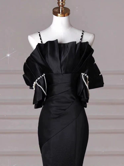 Sexy Meerjungfrau Spaghettiträger Schwarzes langes Abendkleid Satin Ballkleid P2461