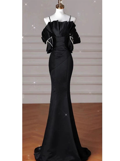 Sexy Meerjungfrau Spaghettiträger Schwarzes langes Abendkleid Satin Ballkleid P2461