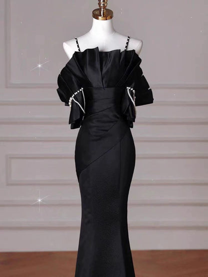 Sexy Meerjungfrau Spaghettiträger Schwarzes langes Abendkleid Satin Ballkleid P2461