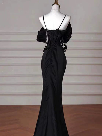 Sexy Meerjungfrau Spaghettiträger Schwarzes langes Abendkleid Satin Ballkleid P2461