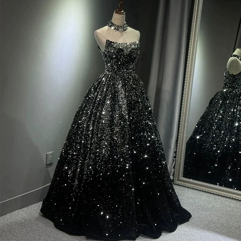 Pretty Ball Gown Strapless Black Sequin Prom Dresses Evening Dress P24 – PreppyDress