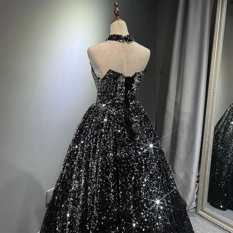 black sparkly prom dress tulle sequin long dress, black evening making sure all eyes are on you throughout the night ZAPAKA Women Glitter Black Prom