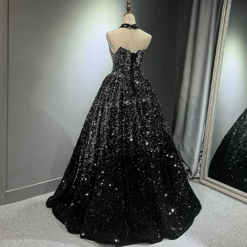 Pretty Ball Gown Strapless Black Sequin Prom Dresses Evening Dress P24 – PreppyDress
