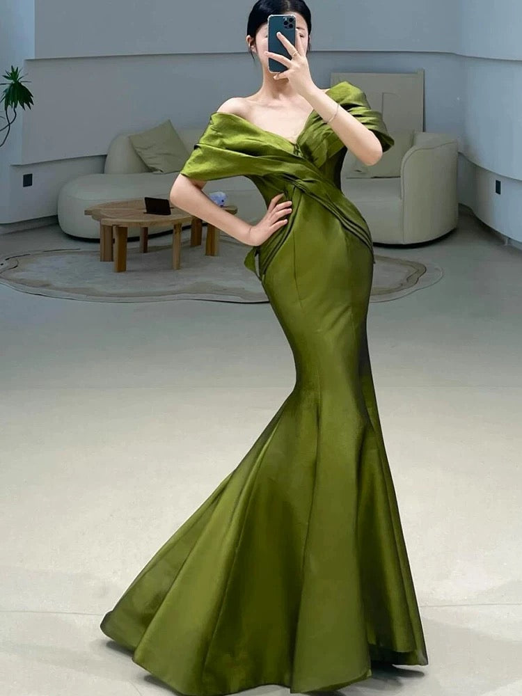 green mermaid dress prom Sexy Mermaid Off The Shoulder Olive Green Satin Long Formal Dress Prom – PreppyDress