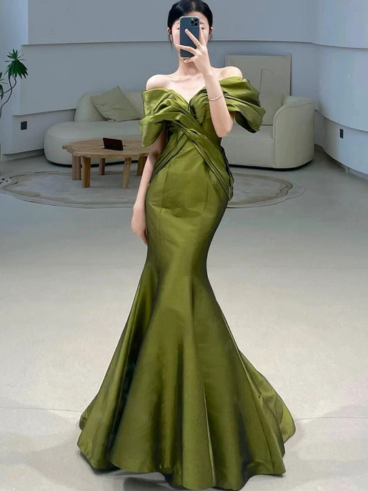 Sexy Mermaid Off The Shoulder Olive Green Satin Long Formal Dress Prom Dresses P2465