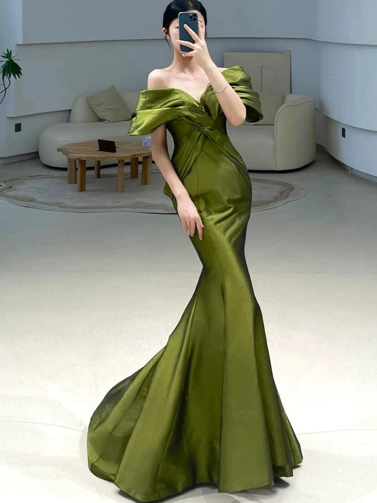 sexy olive green dress Halter Pleats Trumpet/Mermaid Prom Floor length Sexy Mermaid Off The Shoulder