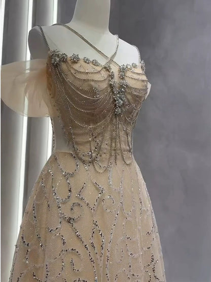 Robes de bal longues en tulle couleur champagne avec bretelles ligne A vintage Robe de soirée P2466