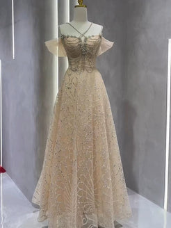 Vintage Fashion A line Straps Gray Tulle Floor Length Evening Dress Prom Dresses main image 1