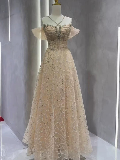 Robes de bal longues en tulle couleur champagne avec bretelles ligne A vintage Robe de soirée P2466