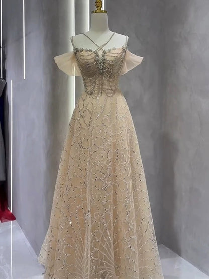 Robes de bal longues en tulle couleur champagne avec bretelles ligne A vintage Robe de soirée P2466