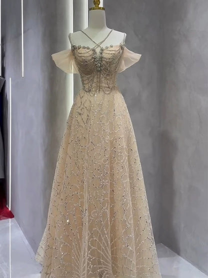 Robes de bal longues en tulle couleur champagne avec bretelles ligne A vintage Robe de soirée P2466