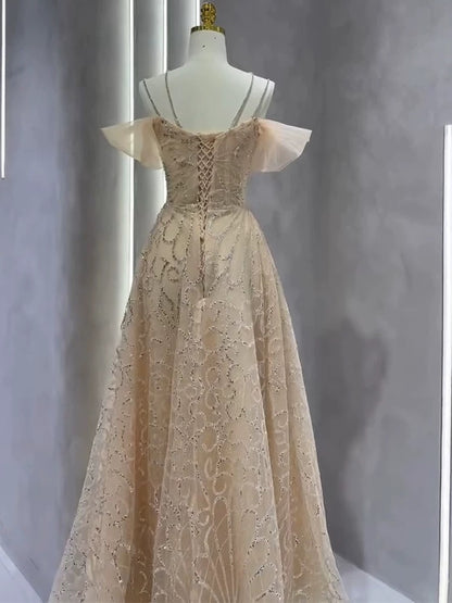 Robes de bal longues en tulle couleur champagne avec bretelles ligne A vintage Robe de soirée P2466