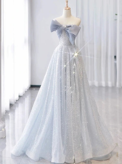 Robes de bal longues en tulle bleu ciel clair sans bretelles trapèze vintage P2467