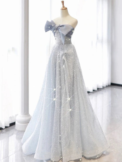 Robes de bal longues en tulle bleu ciel clair sans bretelles trapèze vintage P2467