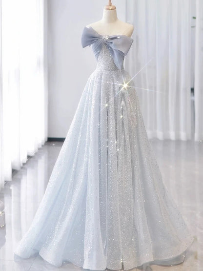 Robes de bal longues en tulle bleu ciel clair sans bretelles trapèze vintage P2467