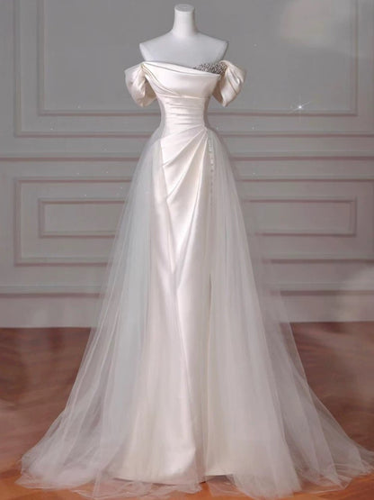 Robe de bal longue en satin vintage fourreau à épaules dénudées, robe de soirée P2468
