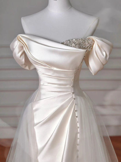 Robe de bal longue en satin vintage fourreau à épaules dénudées, robe de soirée P2468