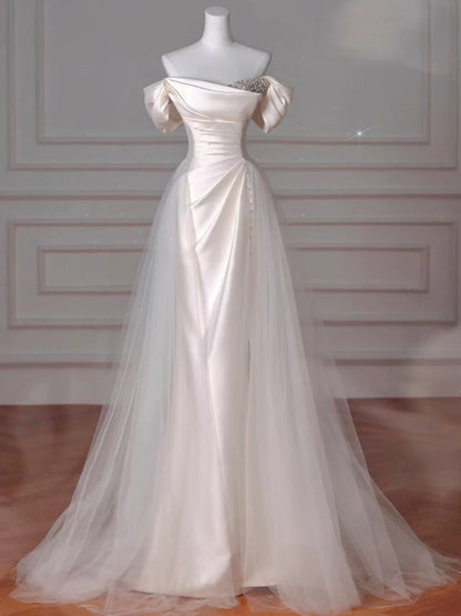Robe de bal longue en satin vintage fourreau à épaules dénudées, robe de soirée P2468
