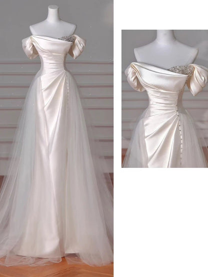 Robe de bal longue en satin vintage fourreau à épaules dénudées, robe de soirée P2468