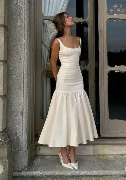 Robe de Soirée de Bal Longue Sirène Vintage à Volants Blancs Col Carré Robes Formelles P2476