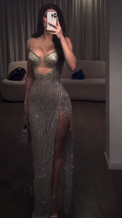 Robe de soirée longue fendue vintage fourreau à bretelles fines avec perles argentées Robes de bal P2480