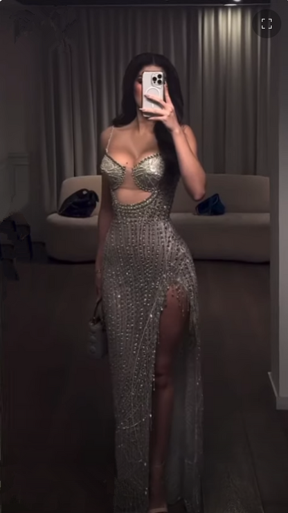 Robe de soirée longue fendue vintage fourreau à bretelles fines avec perles argentées Robes de bal P2480