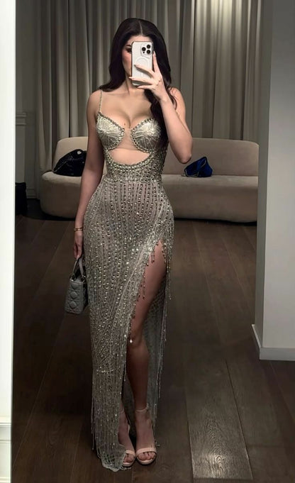 Robe de soirée longue fendue vintage fourreau à bretelles fines avec perles argentées Robes de bal P2480