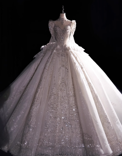 Robe de mariée blanche à manches longues, élégante, luxueuse, de haute qualité, texturée et de style palais P2482