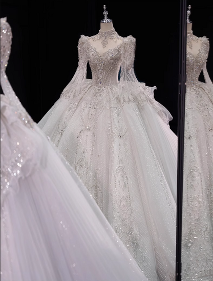 Robe de mariée blanche à manches longues, élégante, luxueuse, de haute qualité, texturée et de style palais P2482