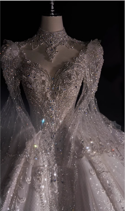 Robe de mariée blanche à manches longues, élégante, luxueuse, de haute qualité, texturée et de style palais P2482