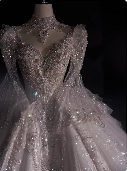Robe de mariée blanche à manches longues, élégante, luxueuse, de haute qualité, texturée et de style palais P2482