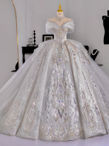 Robe de mariée de luxe longue au style princesse française en texture haut de gamme P2485