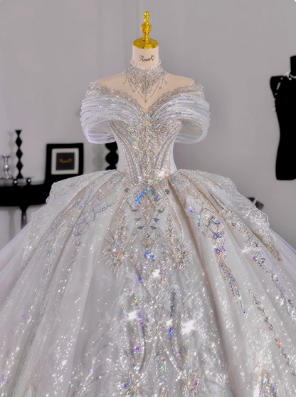 Robe de mariée de luxe longue au style princesse française en texture haut de gamme P2485