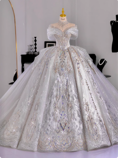 Robe de mariée de luxe longue au style princesse française en texture haut de gamme P2485