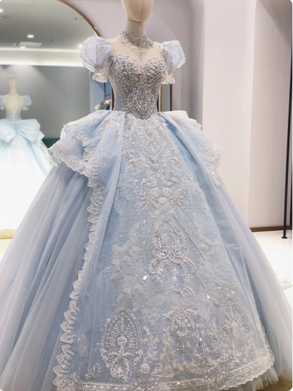 Französisch-blaues Prinzessinnen-Brautkleid mit Puffärmeln P2487