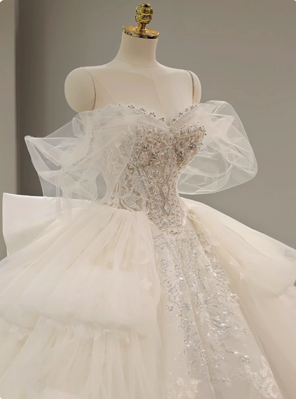 Robe de mariée de princesse décolleté cœur asymétrique en tulle de luxe lourd P2488