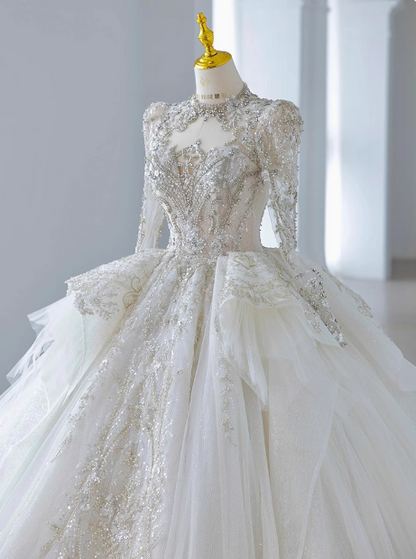Robe de mariée de princesse en tulle à manches longues, luxueuse et lourde, longueur ras du sol, P2490