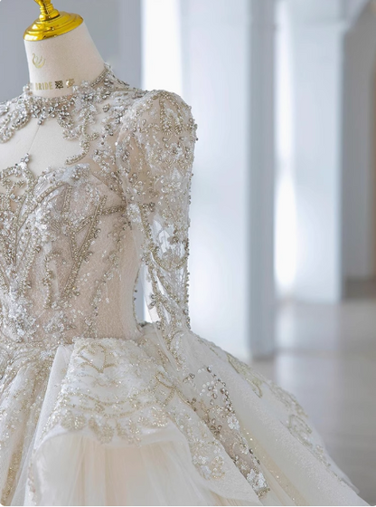 Robe de mariée de princesse en tulle à manches longues, luxueuse et lourde, longueur ras du sol, P2490