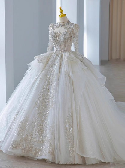 Robe de mariée de princesse en tulle à manches longues, luxueuse et lourde, longueur ras du sol, P2490