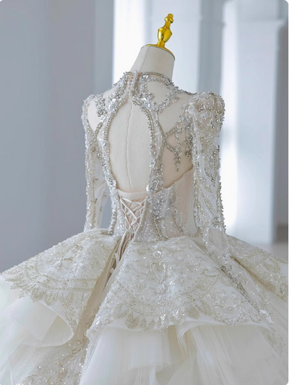 Robe de mariée de princesse en tulle à manches longues, luxueuse et lourde, longueur ras du sol, P2490