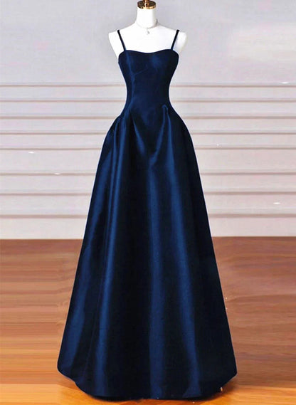 Robe de soirée longue trapèze en satin bleu marine à bretelles, robe de bal bleu marine P2490