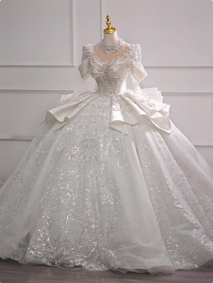 strapless open back dress Princess Wedding Dress Lace Long Sleeves High Neck – Lisposa main image 1