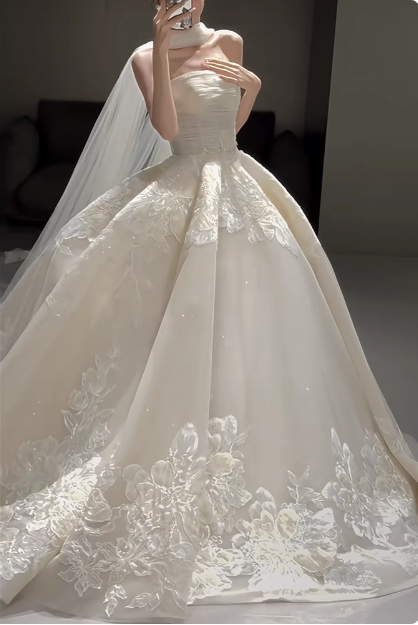 White French style tube top embroidered simple light wedding dress P24 – PreppyDress