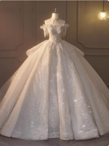 White one-shoulder French beaded light luxury floor-length wedding dress P2493