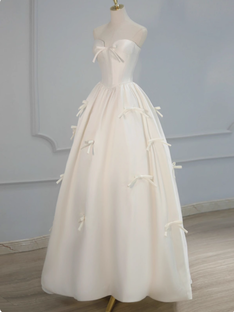 White Strapless Satin A-Line Bow Simple Light Wedding Dress P2494