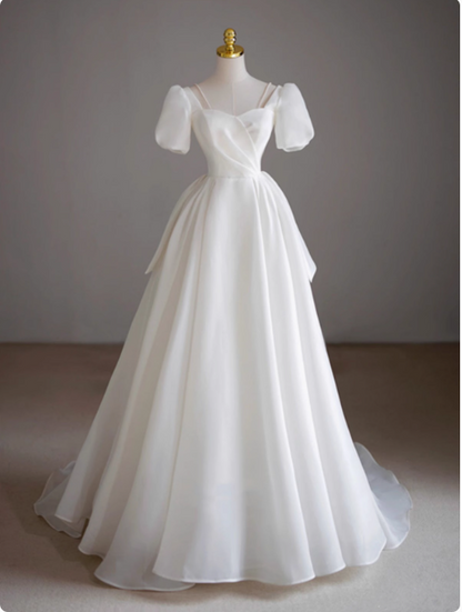 blue dress for baby girl Romantic White Open Back Half Sleeves A-line Lace Long Wedding Dress, MW208