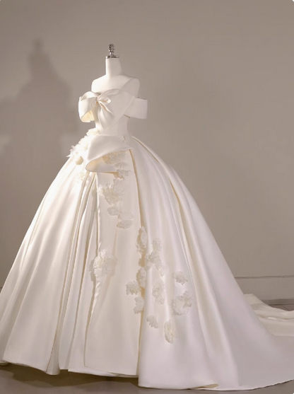 White satin A-line off-shoulder bow simple wedding dress P2498 – PreppyDress